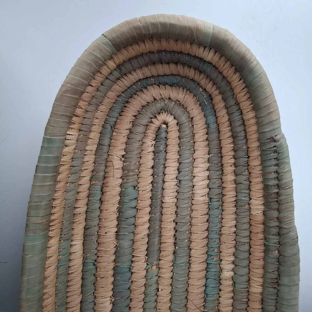 Set Of‎ 2 Hand Woven African Hausa Style Coiled Grass Nesting Baskets Green Tan